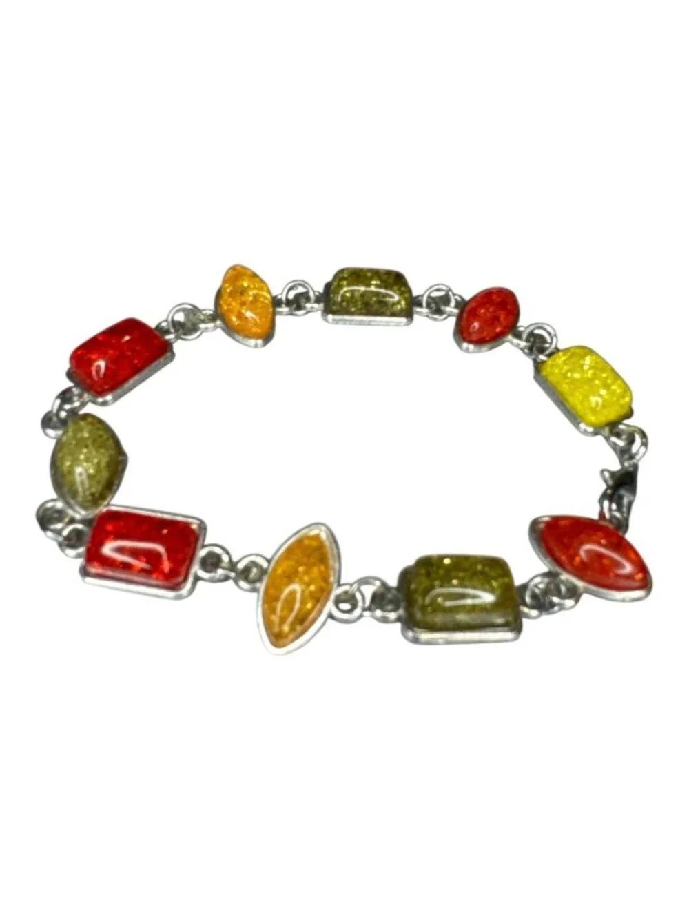 Multicolor Amber Stone & Sterling Silver Link Bracelet 7.5 Inches Lobster Clasp